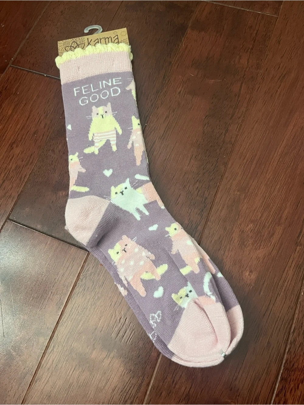 Karma Purple Cat Graphic Socks with Pastel Yellow & Pink Accents